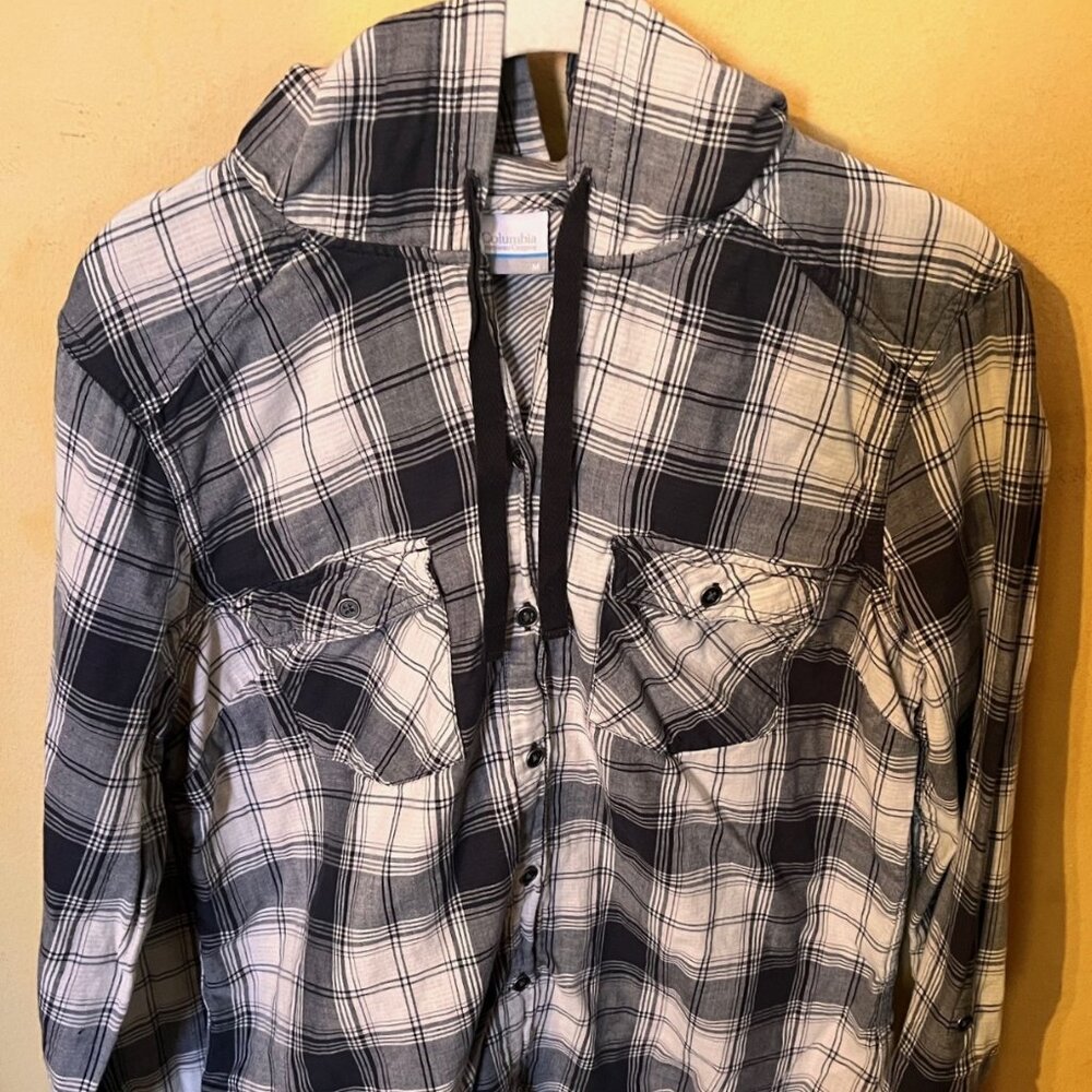 New Columbia Pink Black Plaid double layer Shirt with Hood